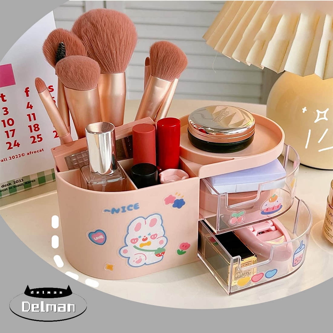 Desk Organizer Desk Accessories with Stickers Cute Aesthetic Pencil Makeup Storage Container Stuff for Room Organizer School Supplies for Kids Teen Girls Pink