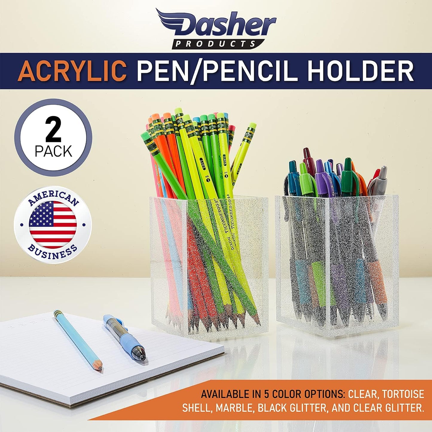 Acrylic Pen Holder Organizer Two Pack, 5Mm Thick Clear Pencil Cup for Storing Office Supplies, Makeup Brush Accessories, Toothbrush, Hairbrush, Glasses, and More. Pencil Cup Organizer (Clear Glitter)