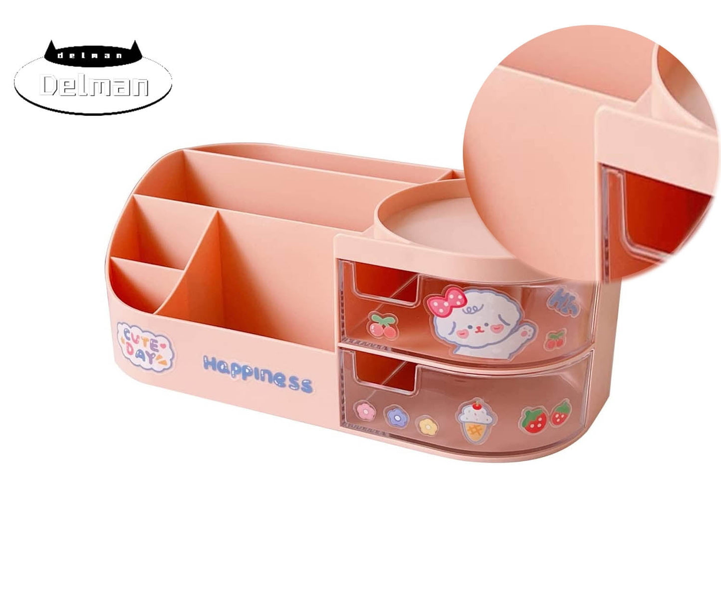 Desk Organizer Desk Accessories with Stickers Cute Aesthetic Pencil Makeup Storage Container Stuff for Room Organizer School Supplies for Kids Teen Girls Pink