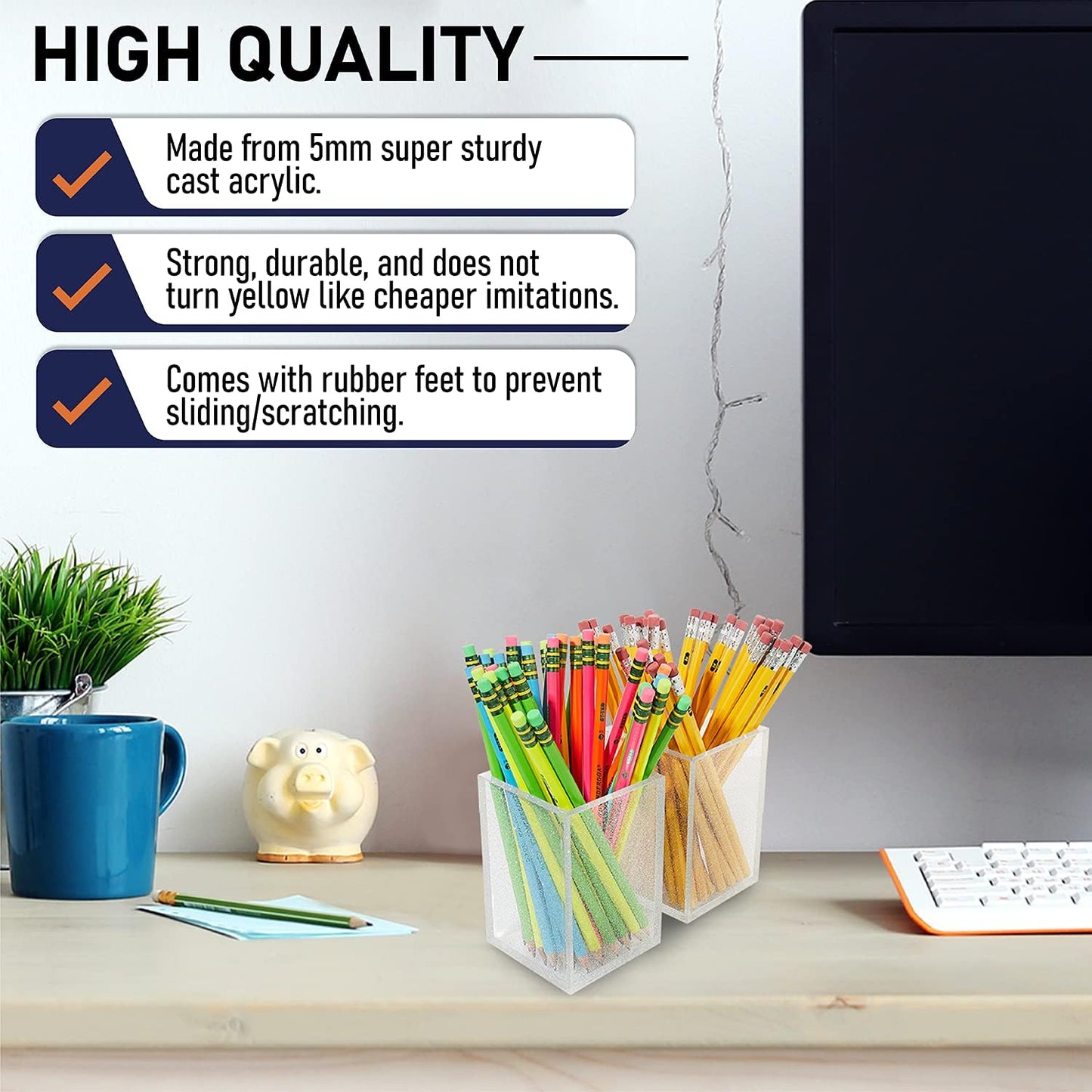 Acrylic Pen Holder Organizer Two Pack, 5Mm Thick Clear Pencil Cup for Storing Office Supplies, Makeup Brush Accessories, Toothbrush, Hairbrush, Glasses, and More. Pencil Cup Organizer (Clear Glitter)