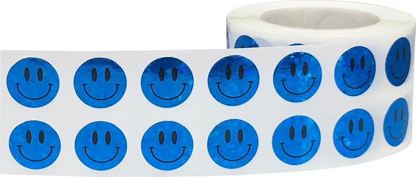 Happy Face Stickers Blue Holographic Sparkle Happy Face Labels 0.50 Inch 1,000 Total Adhesive Stickers
