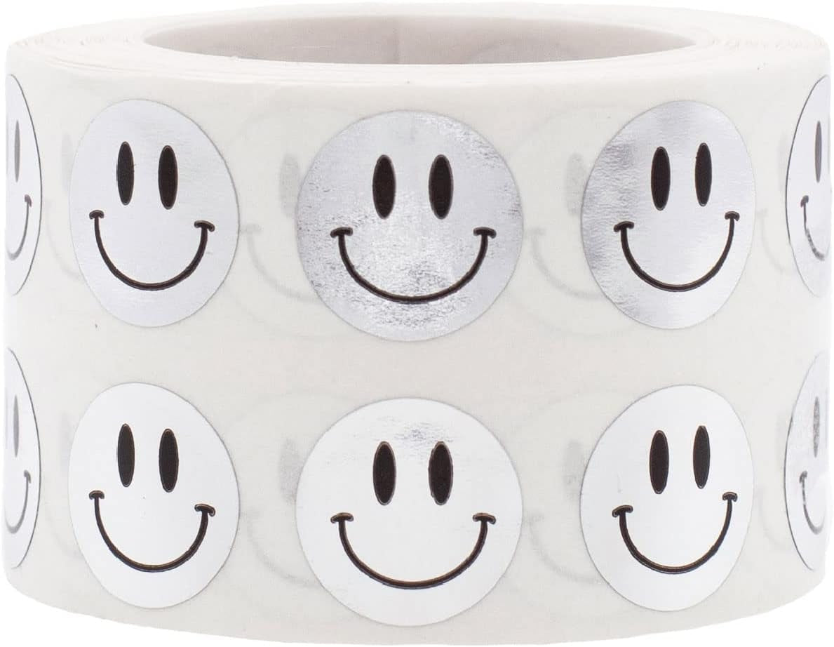 Happy Face Stickers Blue Holographic Sparkle Happy Face Labels 0.50 Inch 1,000 Total Adhesive Stickers