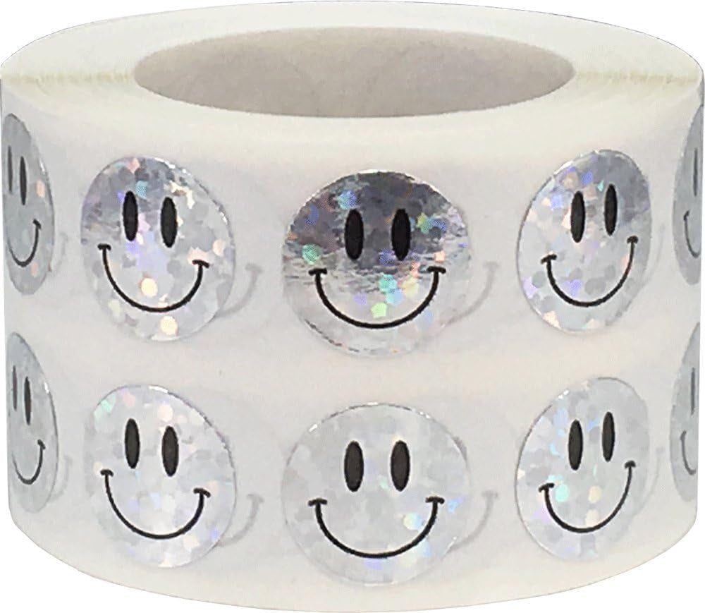 Happy Face Stickers Blue Holographic Sparkle Happy Face Labels 0.50 Inch 1,000 Total Adhesive Stickers