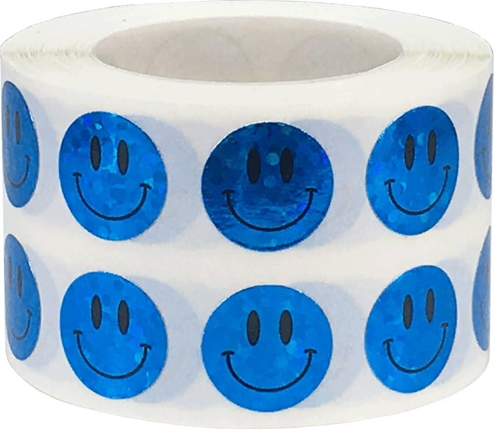 Happy Face Stickers Blue Holographic Sparkle Happy Face Labels 0.50 Inch 1,000 Total Adhesive Stickers