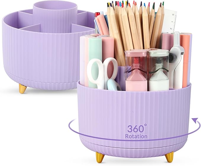 360 Degree Rotating Desk Organizer, Dual-Purpose Pencil Pen Holder for Desk, Rotating Desk Pen Organizer with 5 Slots, Pencil Cup for Office, School, Home Beige