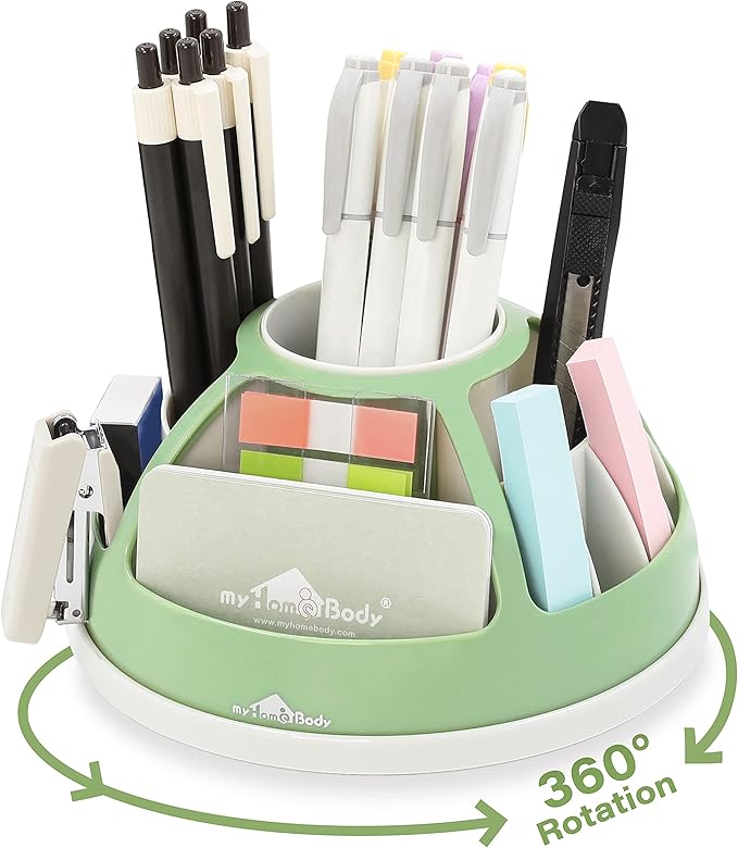 Pen Organizer for Desk, Office Supplies, Desktop Rotating, Compartments, Black Round