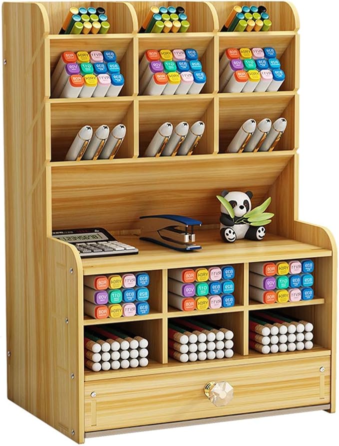 Wooden storage shelf with stationery items including markers, pens, and a calculator.