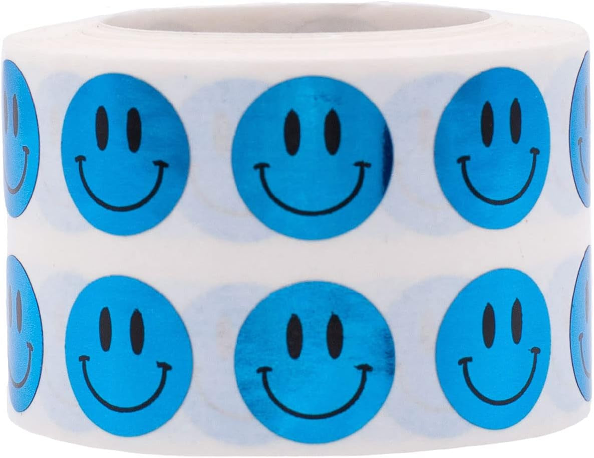 Happy Face Stickers Blue Holographic Sparkle Happy Face Labels 0.50 Inch 1,000 Total Adhesive Stickers