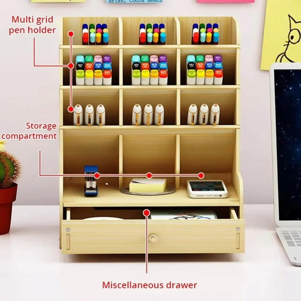 Wooden Pencil Holder, Pen Organizer for Desk with 18 Compartments, Multi-Functional DIY Pencil Organizer, Desktop Stationary Art Supplies Storage, Easy Assembly(Black)