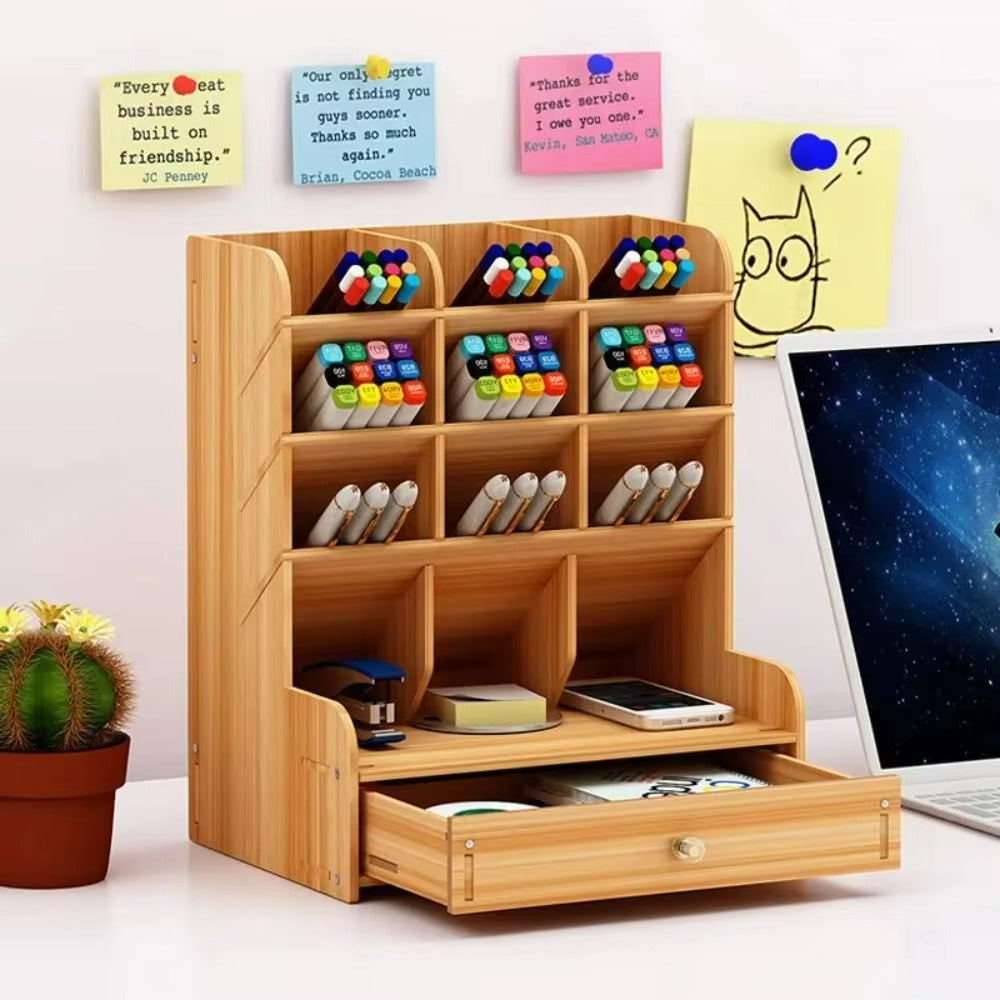 Wooden Pencil Holder, Pen Organizer for Desk with 18 Compartments, Multi-Functional DIY Pencil Organizer, Desktop Stationary Art Supplies Storage, Easy Assembly(Black)