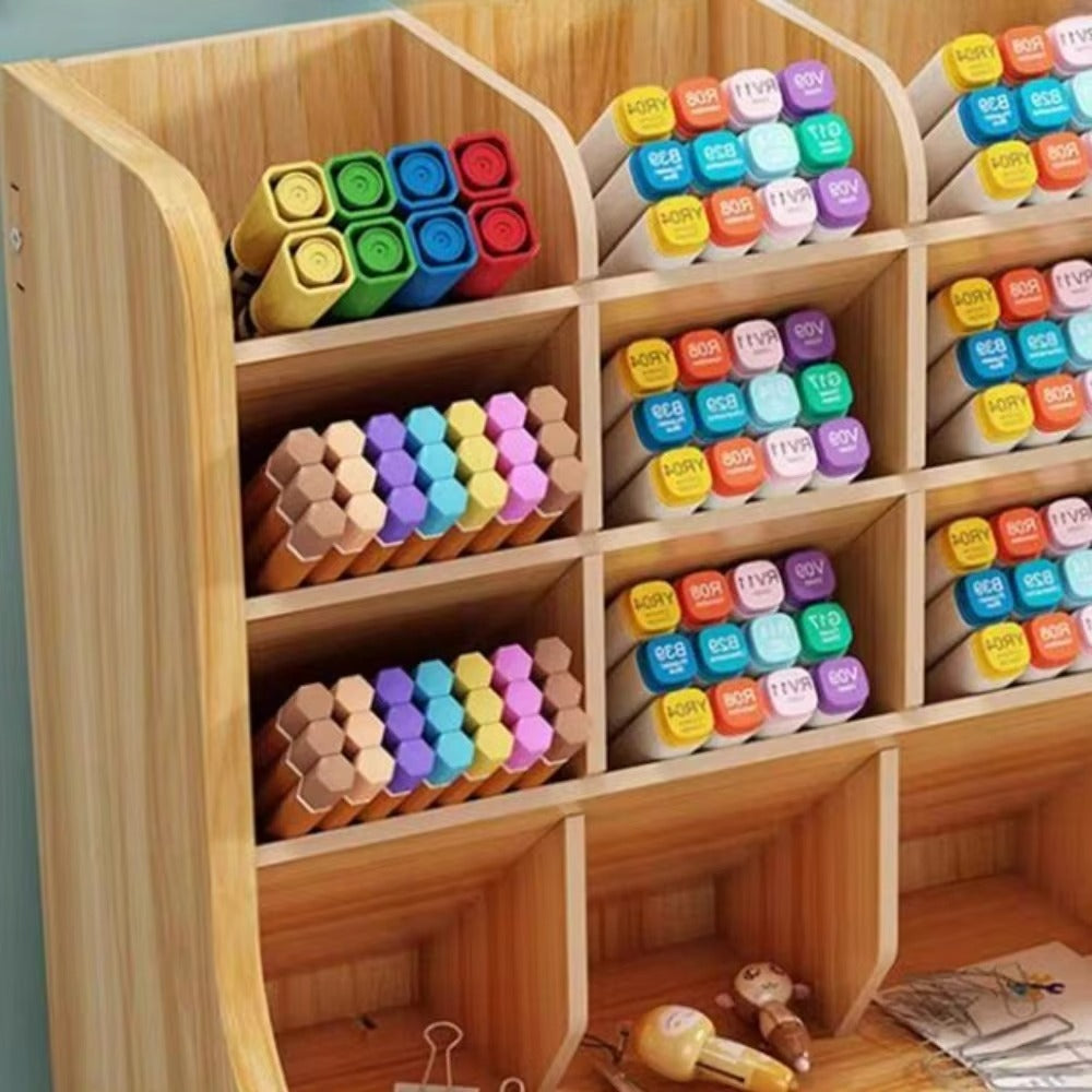 Wooden Pencil Holder, Pen Organizer for Desk with 18 Compartments, Multi-Functional DIY Pencil Organizer, Desktop Stationary Art Supplies Storage, Easy Assembly(Black)