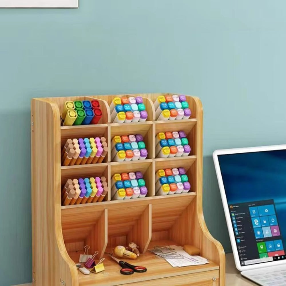 Wooden Pencil Holder, Pen Organizer for Desk with 18 Compartments, Multi-Functional DIY Pencil Organizer, Desktop Stationary Art Supplies Storage, Easy Assembly(Black)