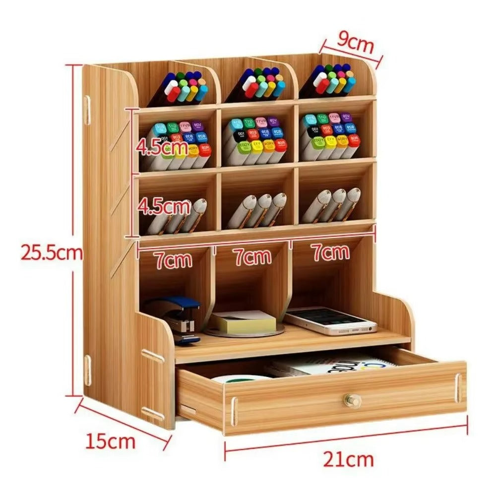 Wooden Pencil Holder, Pen Organizer for Desk with 18 Compartments, Multi-Functional DIY Pencil Organizer, Desktop Stationary Art Supplies Storage, Easy Assembly(Black)