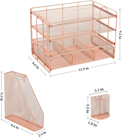 Paper Letter Tray Organizer with File Holder, 4-Tier Desk Accessories & Workspace Desk Organizers with Drawer and 2 Pen Holder for Office Supplies (Rose Gold)