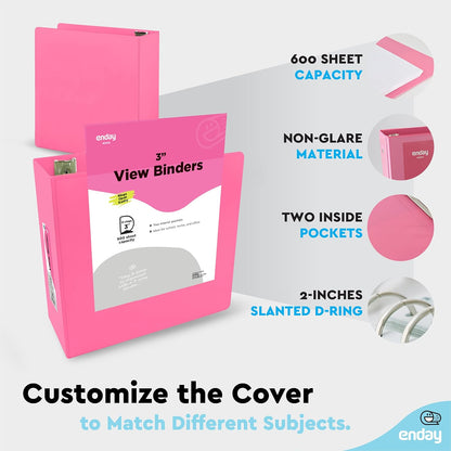 3 Inch 3 Ring Binder Pink, Slant D-Ring 3” Clear View Cover with 2 inside Pockets, Heavy Duty Colored School Supplies Office and Home Binders – by