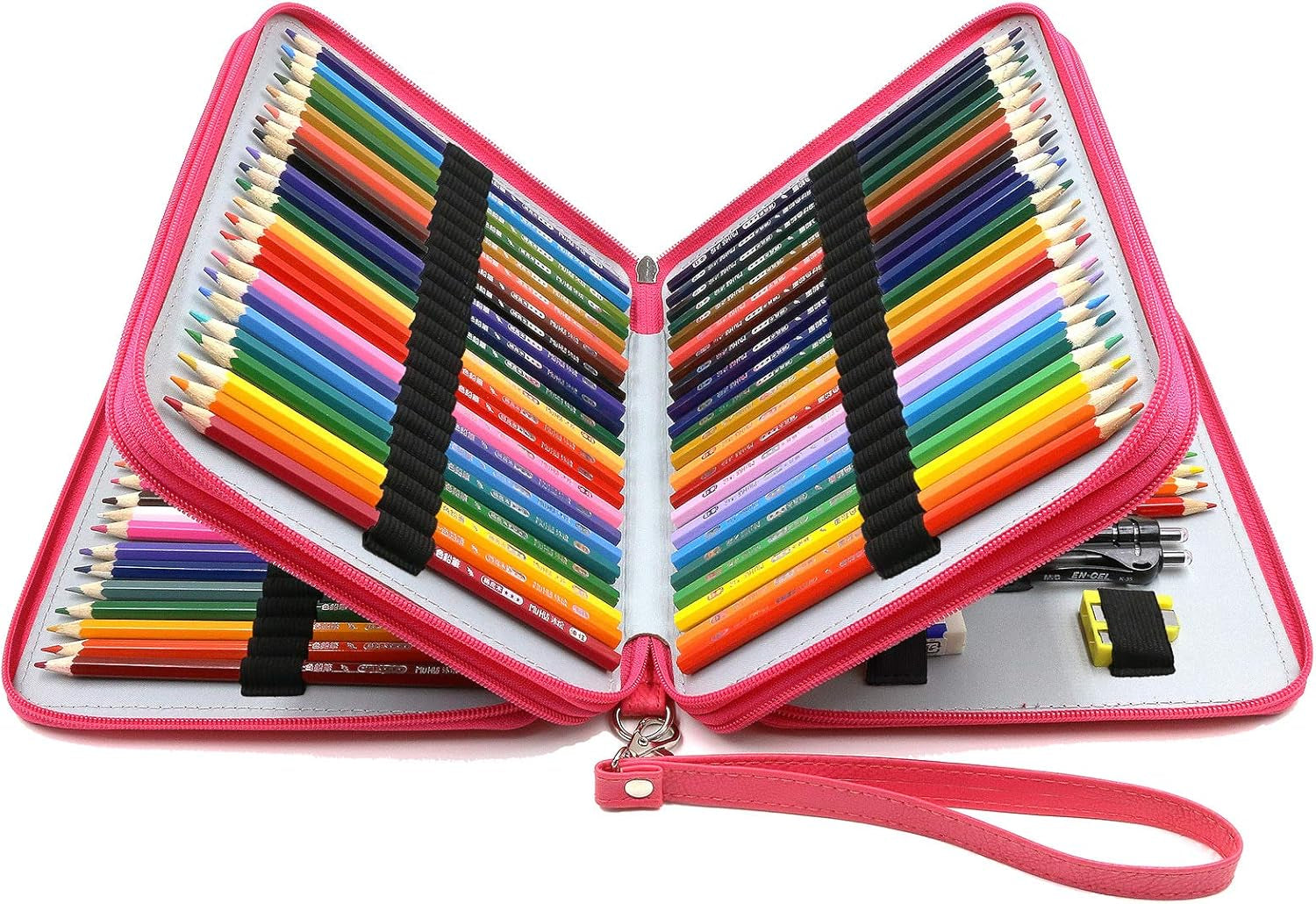 120 Slots Pencil Case - PU Leather Handy Large Multi-Layer Zipper Pen Bag with Handle Strap for Prismacolor Watercolor Pencils, Crayola Colored Pencils, Marco Pens and Cosmetic Brush (Pink)
