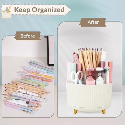 360 Degree Rotating Desk Organizer, Dual-Purpose Pencil Pen Holder for Desk, Rotating Desk Pen Organizer with 5 Slots, Pencil Cup for Office, School, Home Beige