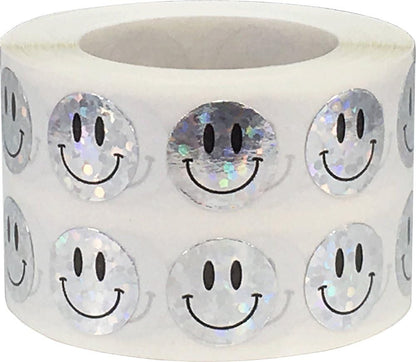 Happy Face Stickers Blue Holographic Sparkle Happy Face Labels 0.50 Inch 1,000 Total Adhesive Stickers