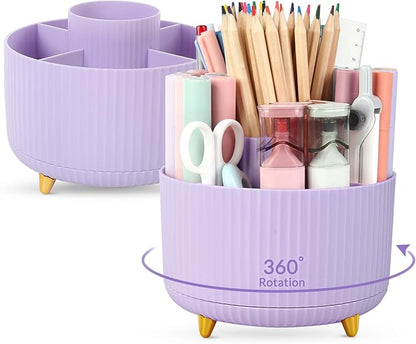 360 Degree Rotating Desk Organizer, Dual-Purpose Pencil Pen Holder for Desk, Rotating Desk Pen Organizer with 5 Slots, Pencil Cup for Office, School, Home Beige