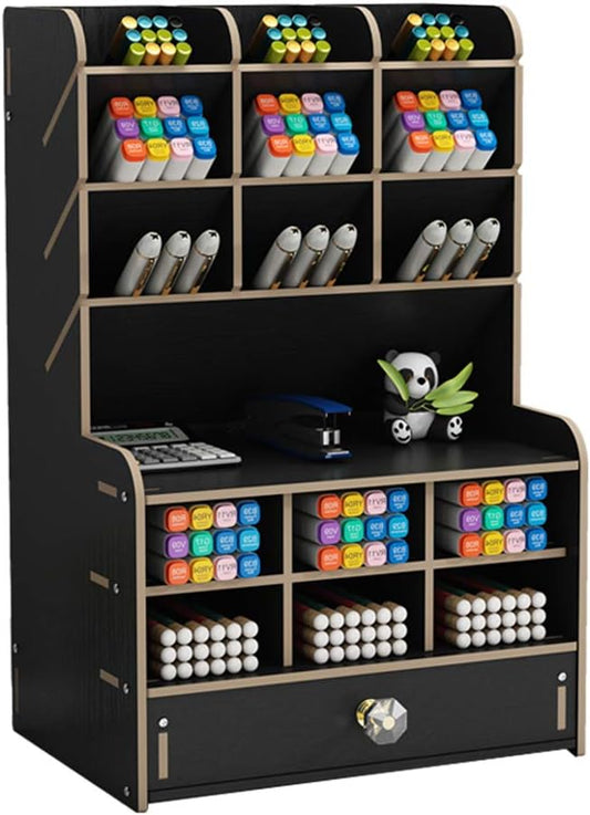 Storage unit with shelves holding markers and office supplies on a white background