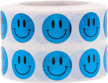 Happy Face Stickers Blue Holographic Sparkle Happy Face Labels 0.50 Inch 1,000 Total Adhesive Stickers