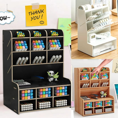Wooden Pencil Holder, Pen Organizer for Desk with 18 Compartments, Multi-Functional DIY Pencil Organizer, Desktop Stationary Art Supplies Storage, Easy Assembly(Black)